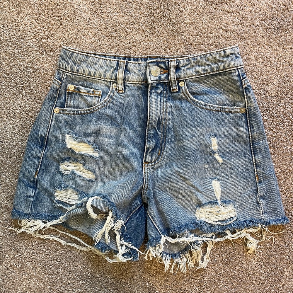 Garage Blue Distressed Jean Shorts with Frayed Hem